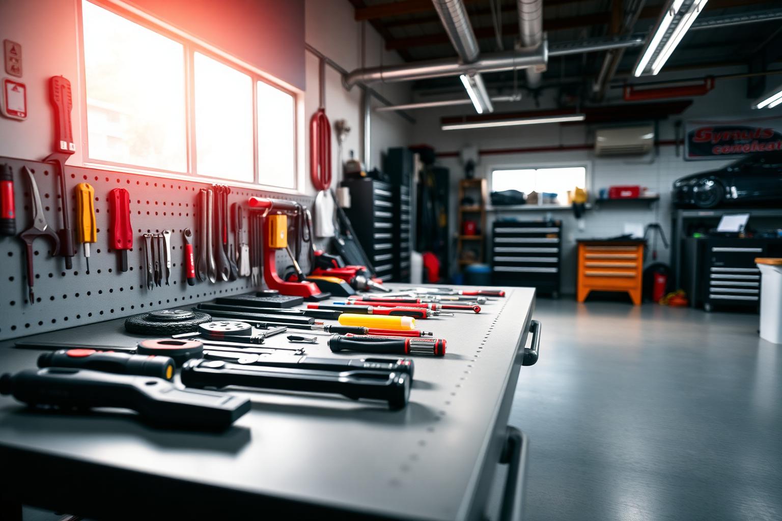 Clean garage workbench with tools